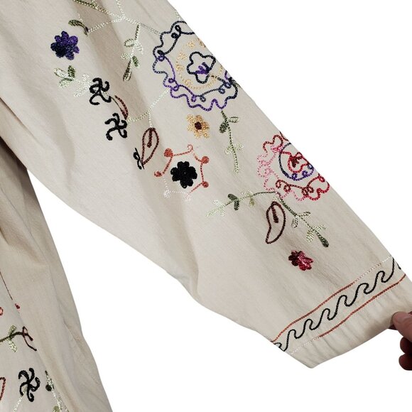 Denim & Co. Womens Beige Embroidered Button Shirt Jacket 1X Floral Long Sleeve - Picture 5 of 14